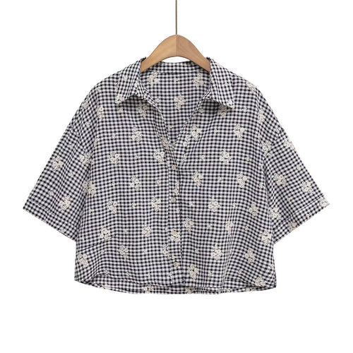 Dame bred gulerodsbukser med floralsk gingham-mønster og elegant kantdekoration Skovae