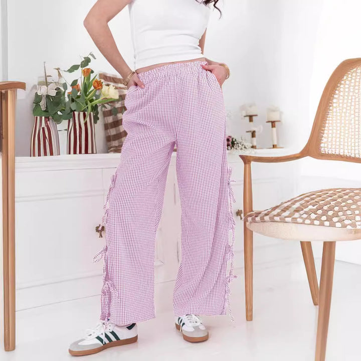 Dame fritid-bukser med raffineret rynkedetalje og gingham-design Stilla
