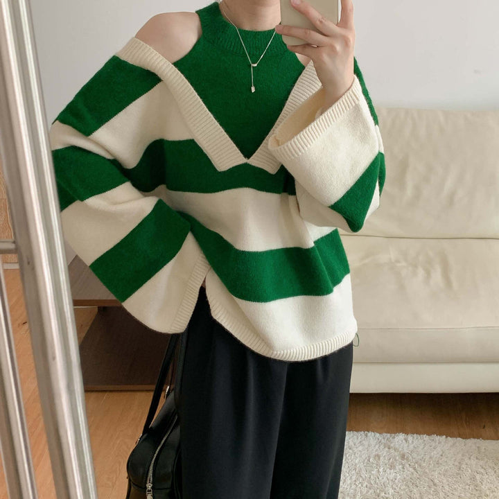 Kvinders afslappede sweater med moderne stribemønster og skulderudskæringer Stilla