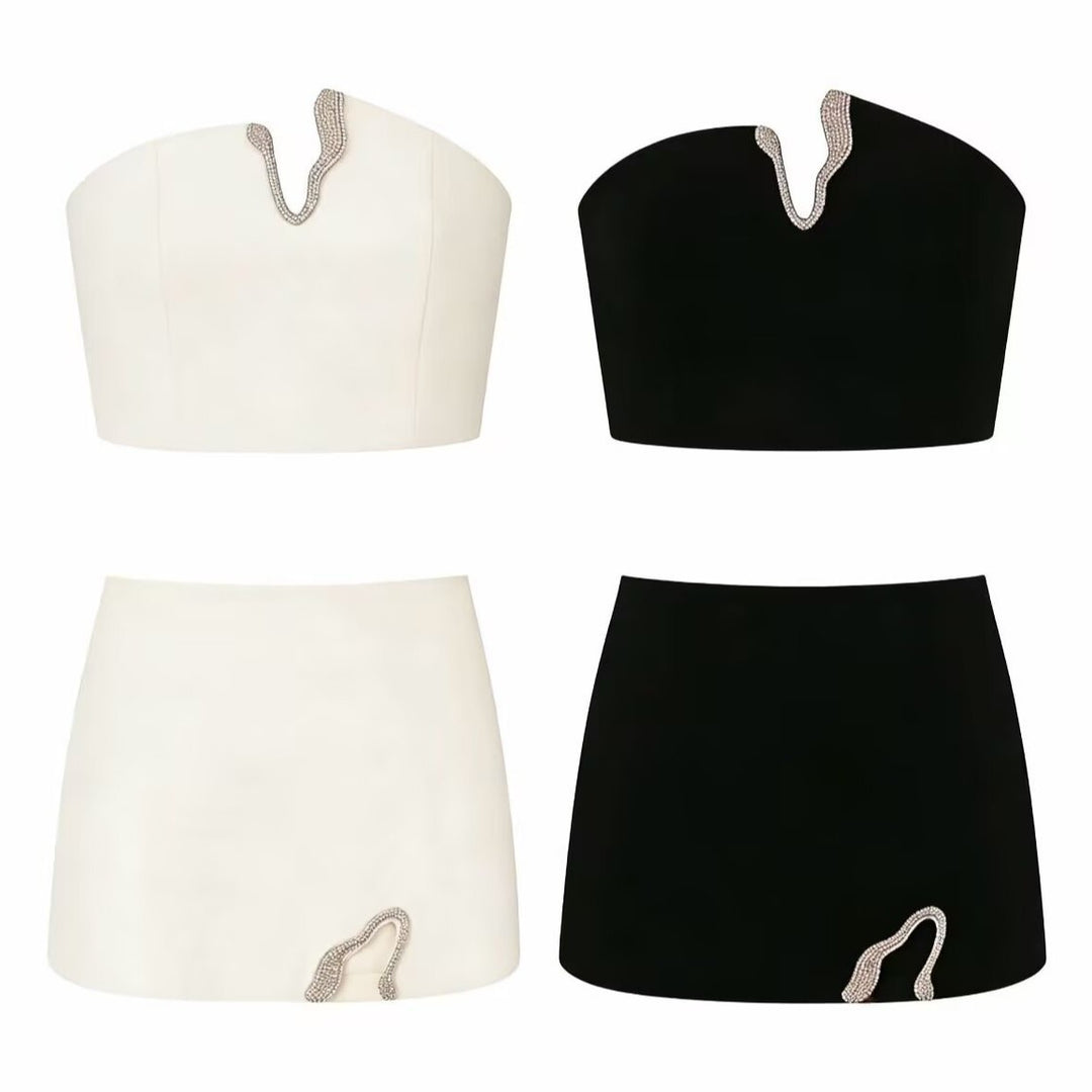 Dame Crop-Top og Mini-Nederdel Sæt med dekorativt Detail Skovae