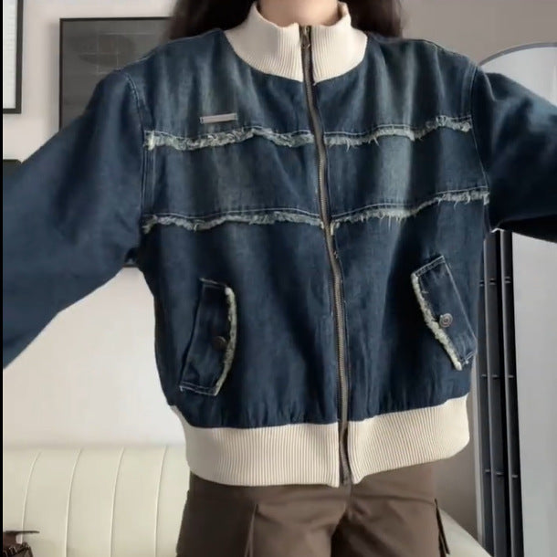Damer fashionable denimjakke med kontrasterende detaljer Stilla