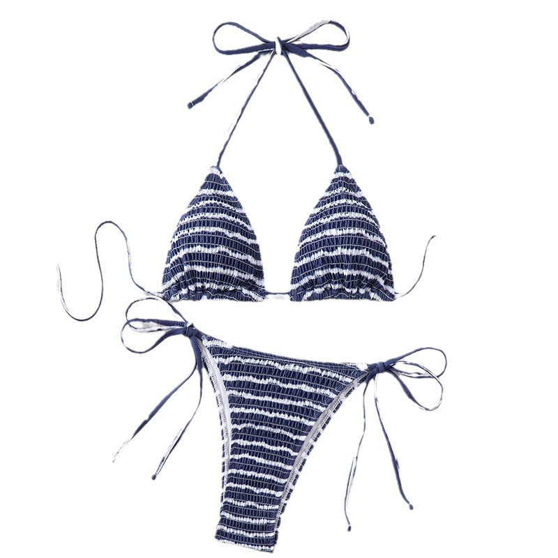 Dame triangle bikini med fint stribemønster og raffinerede bindebånd Skovae