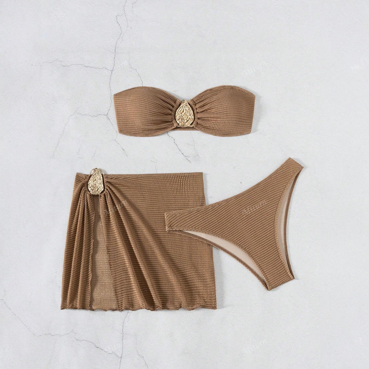 Dame bandeau bikini sæt med dekorativt indpaknings nederdel Skovae