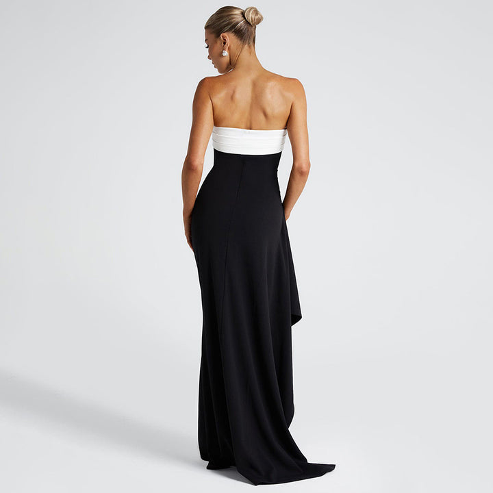 Dame elegant strapless maxikjole med sidelukning og kontrasterende overdel Skovae