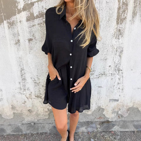 Dame Løs Bluse-Shorts-Sæt med Oversized Snit og Luftig Struktur Skovae
