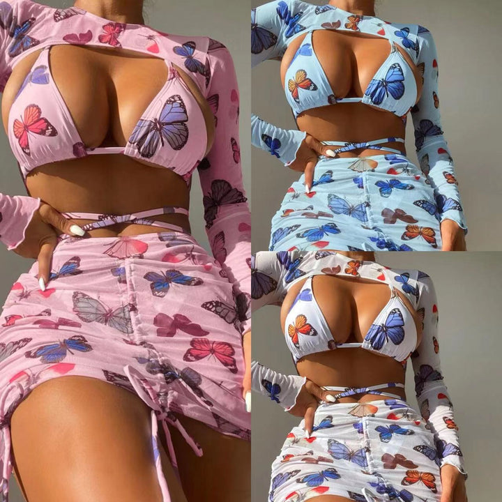 Dame sæt med langærmet top og indpakningsskørt i sommerfugledesign Stilla
