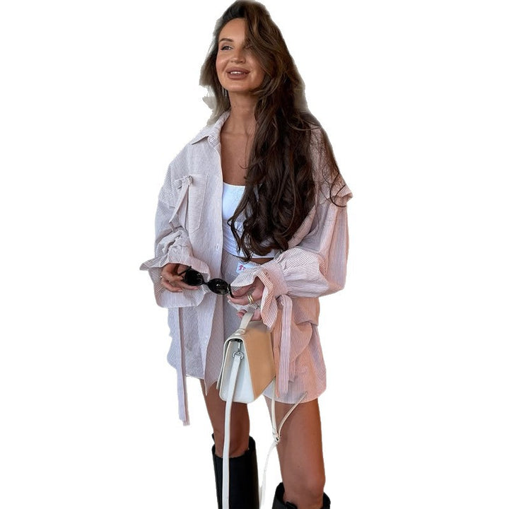 Dame Oversized Skjorte Bluse Sæt med glat stof og rynker Stilla