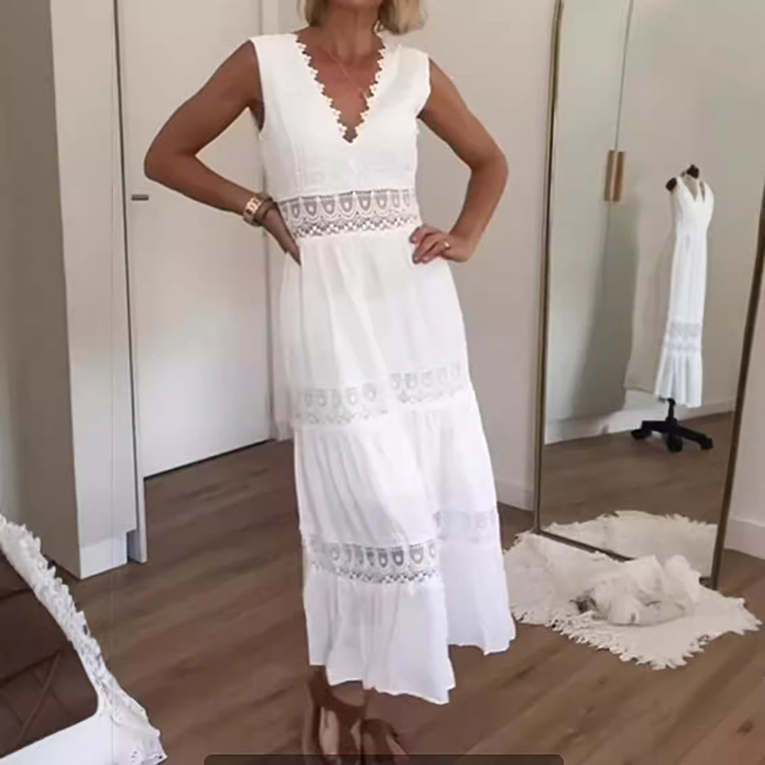 Damer Elegant Maxi Kjole med Dyb V-Hals og Legende Hækling Applikationer