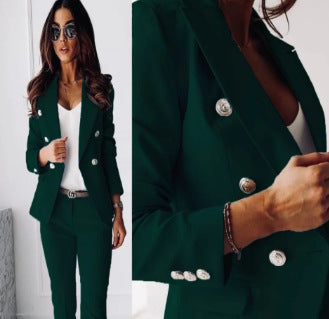 Dame elegant blazer-dragt-sæt med dobbeltradet blazer og smalt skårne bukser Stilla