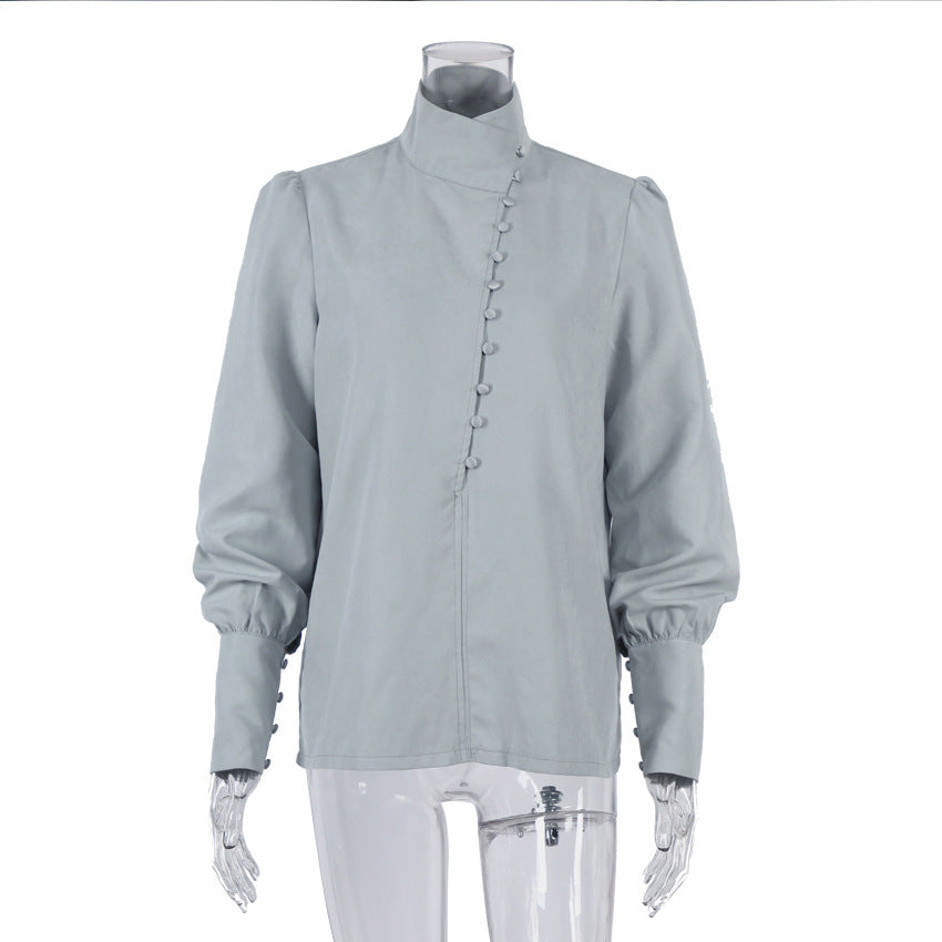 Damer elegant bluse med højtstående krave og puffærmer Stilla