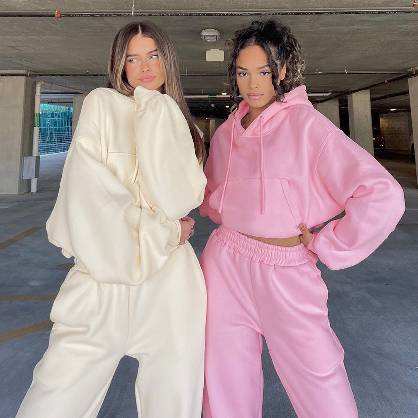 Dame sporty Cropped Hoodie og Joggingbukser Sæt i afslappet stil med elastiske manchetter Stilla