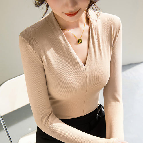 Dame Langærmet shirt med elegant V-hals og fin ribstruktur Stilla