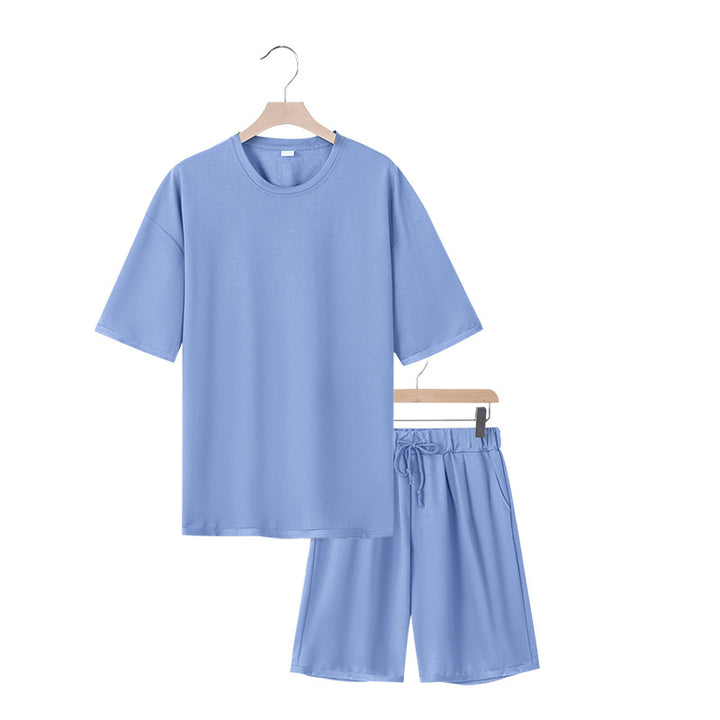 Herrer afslappet jersey-sæt med forlænget rundhalset T-shirt og elastiske snoretræk-shorts Skovae