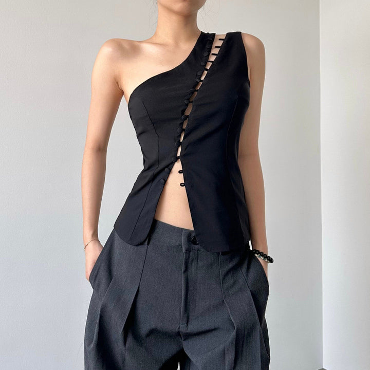 Damer asymmetrisk bluse skjorte med knapdetaljer Skovae