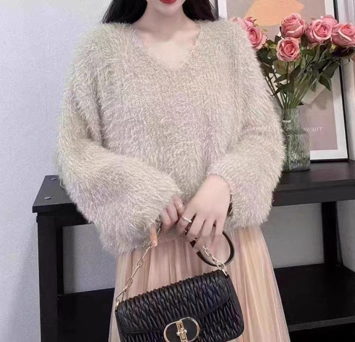 Dame hyggelig V-hals sweater med glitrende tråd Stilla