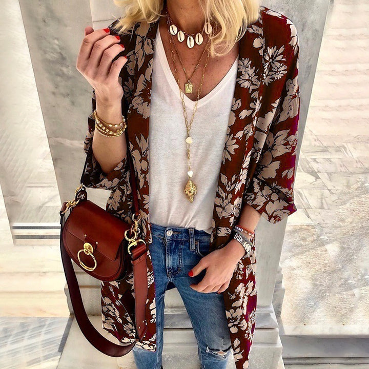 Dame Floral designet Kimono-jakke med afslappet pasform og vidde ærmer Stilla