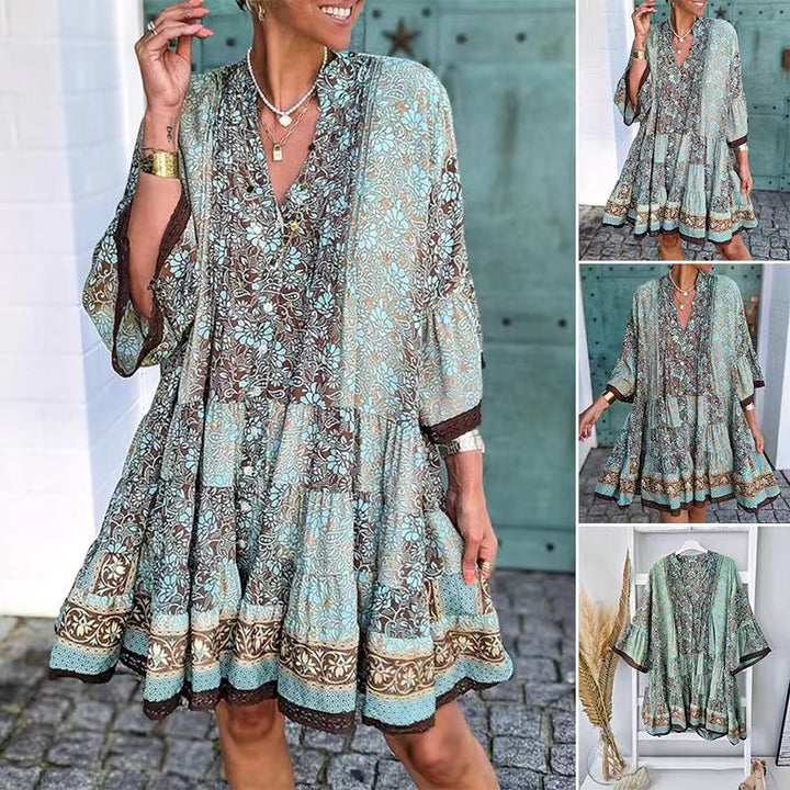 Dame luftig Boho-kjole med floral design og legende ruffle-elementer Stilla