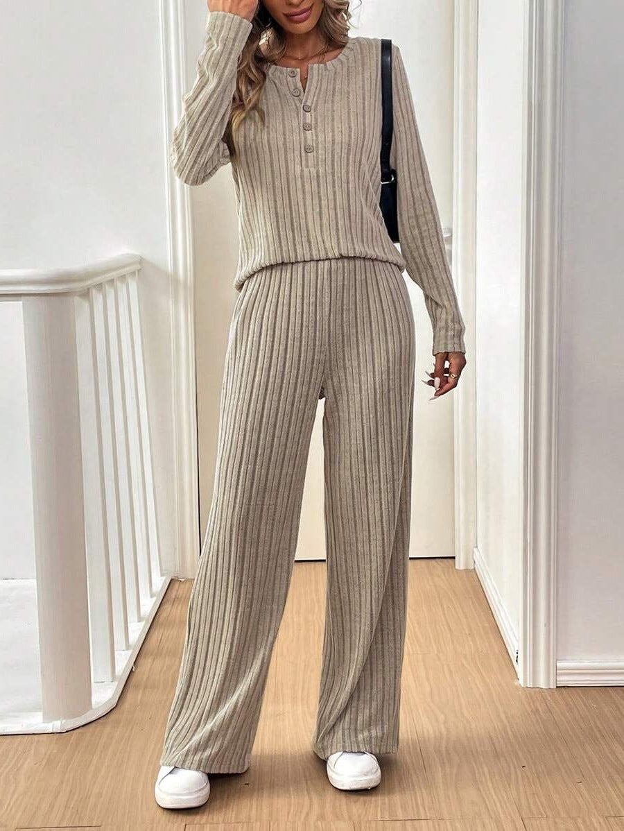 Dame afslappet strik-loungewear-sæt med knaplukning Stilla