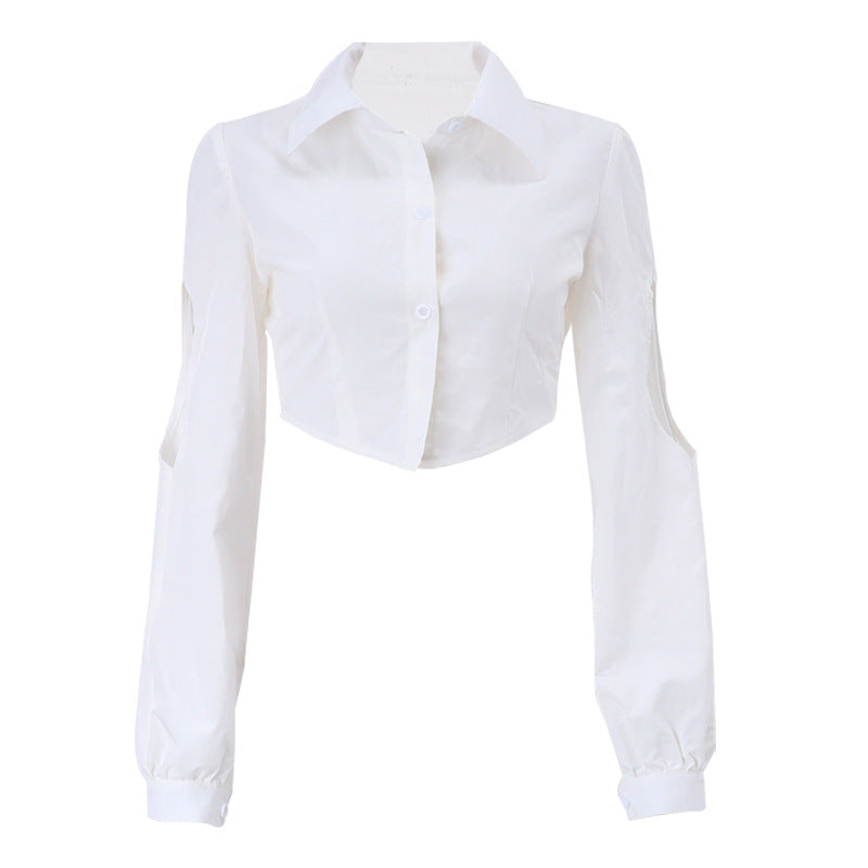 DameCrop-bluse med cut-out ærmer og elegant krave Stilla