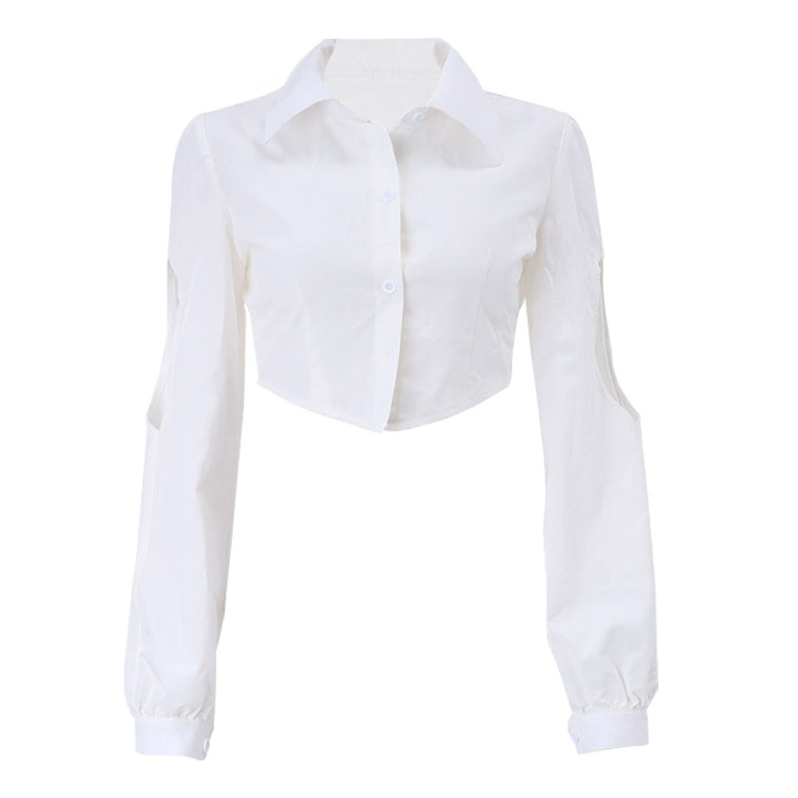 DameCrop-bluse med cut-out ærmer og elegant krave Stilla