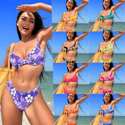 Dame polstret trekant-bikini med blomstermotiv og justerbare stropper Skovae