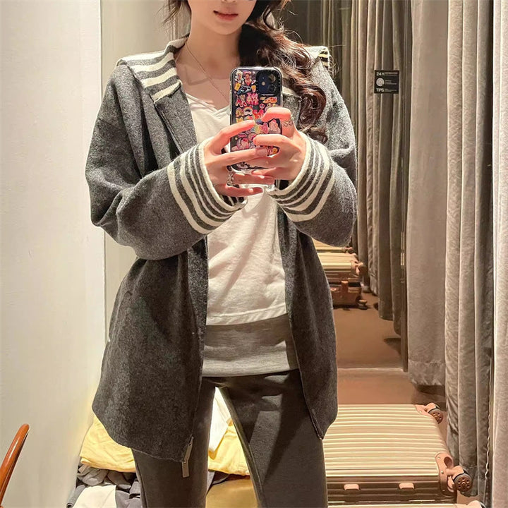 Dame mode afslappet cardigan med stribede ærmemanchetter Stilla