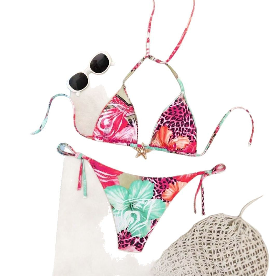 Dame triangel-bikini med blomsterdesign og justerbare bånd Skovae