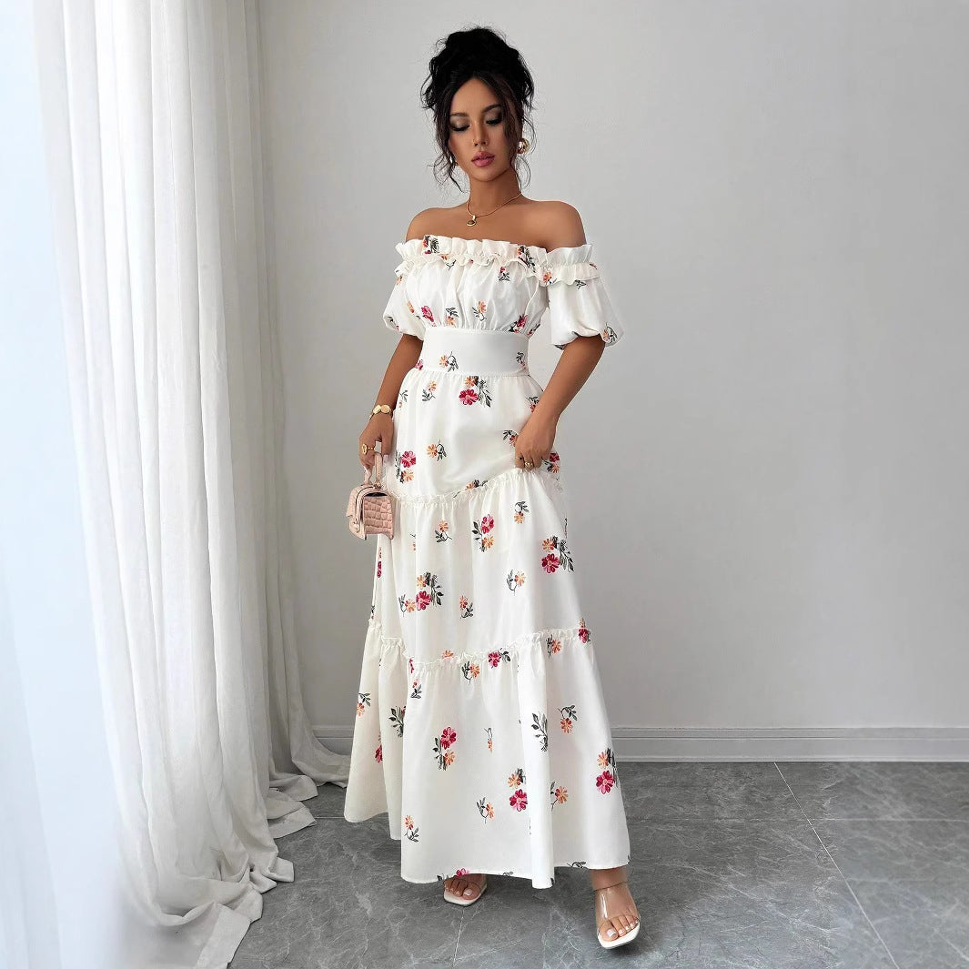 Kvinde Off-Shoulder Maxikjole med florale applikationer og flæser Stilla