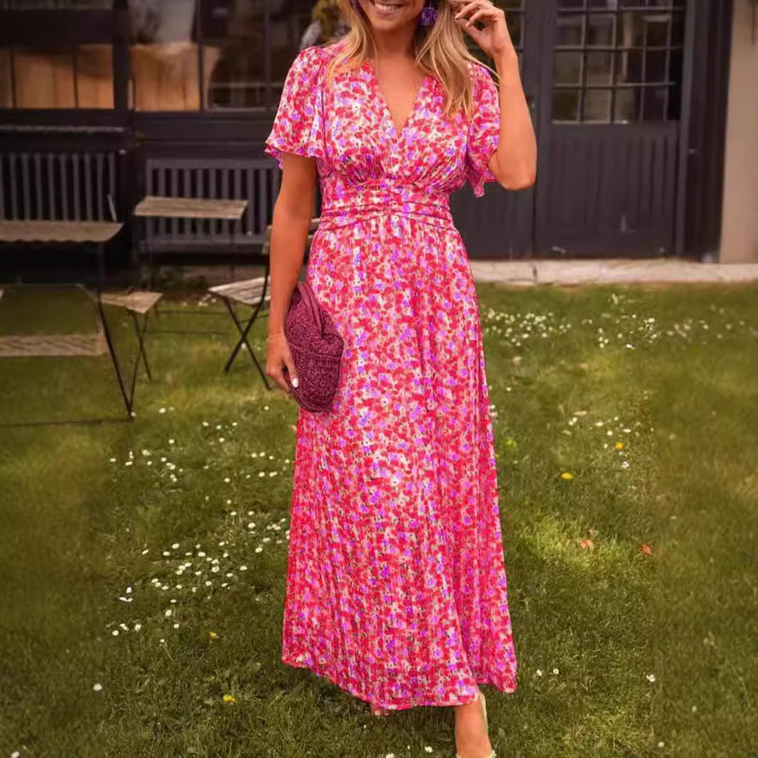 Dame maxikjole med floralt omslag design og elastisk linning Stilla