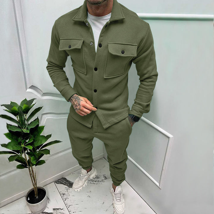 Herren nan utilitaristisk sweatshirt-træningssæt med overshirt, brystlommer og konisk skåret joggerbukser Skovae