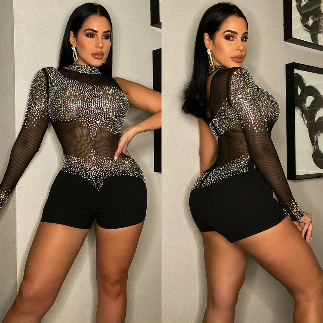 Dame Funktionsrige Rhinestone Bodysuit med gennemsigtige indsatser og lange ærmer Stilla