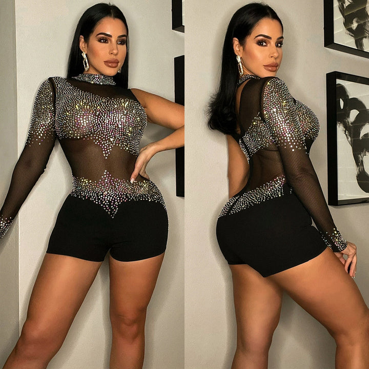 Dame Funktionsrige Rhinestone Bodysuit med gennemsigtige indsatser og lange ærmer Stilla