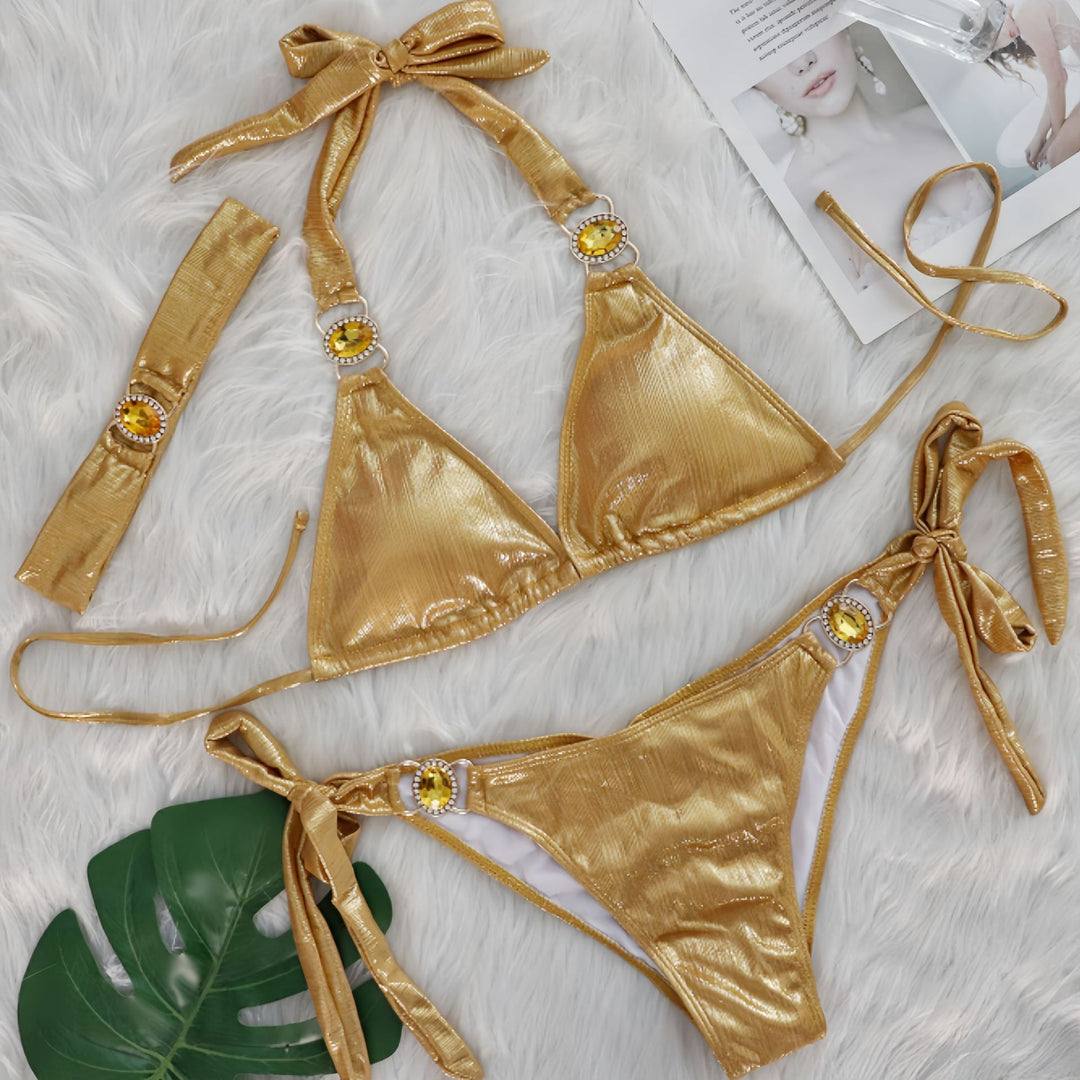 Dame Glinsende Slips-Detalje Triangle Bikini Sæt Stilla