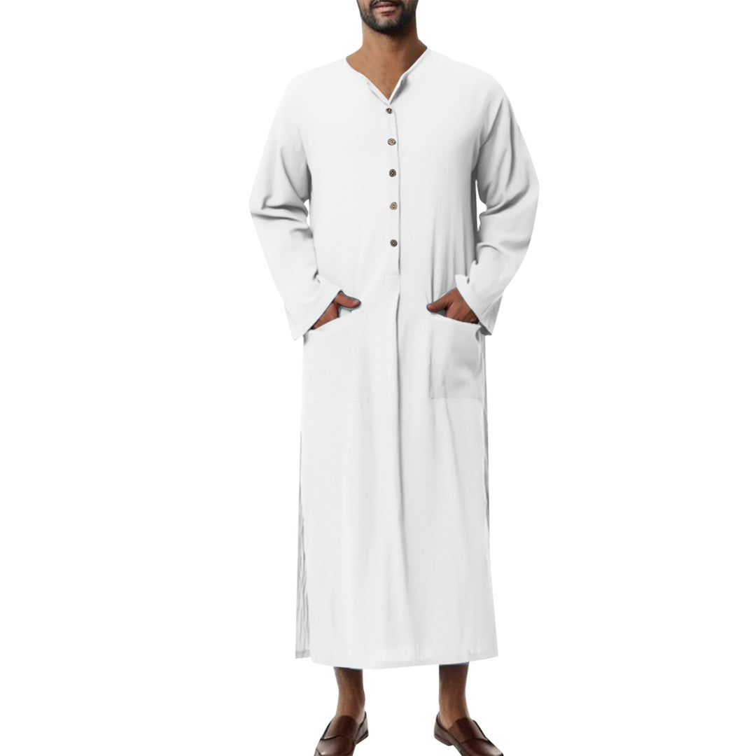 Herrer nan vidt lang tunika-kaftan i åndbar hør med ståkrave knaplukning og påsyede lommer Skovae