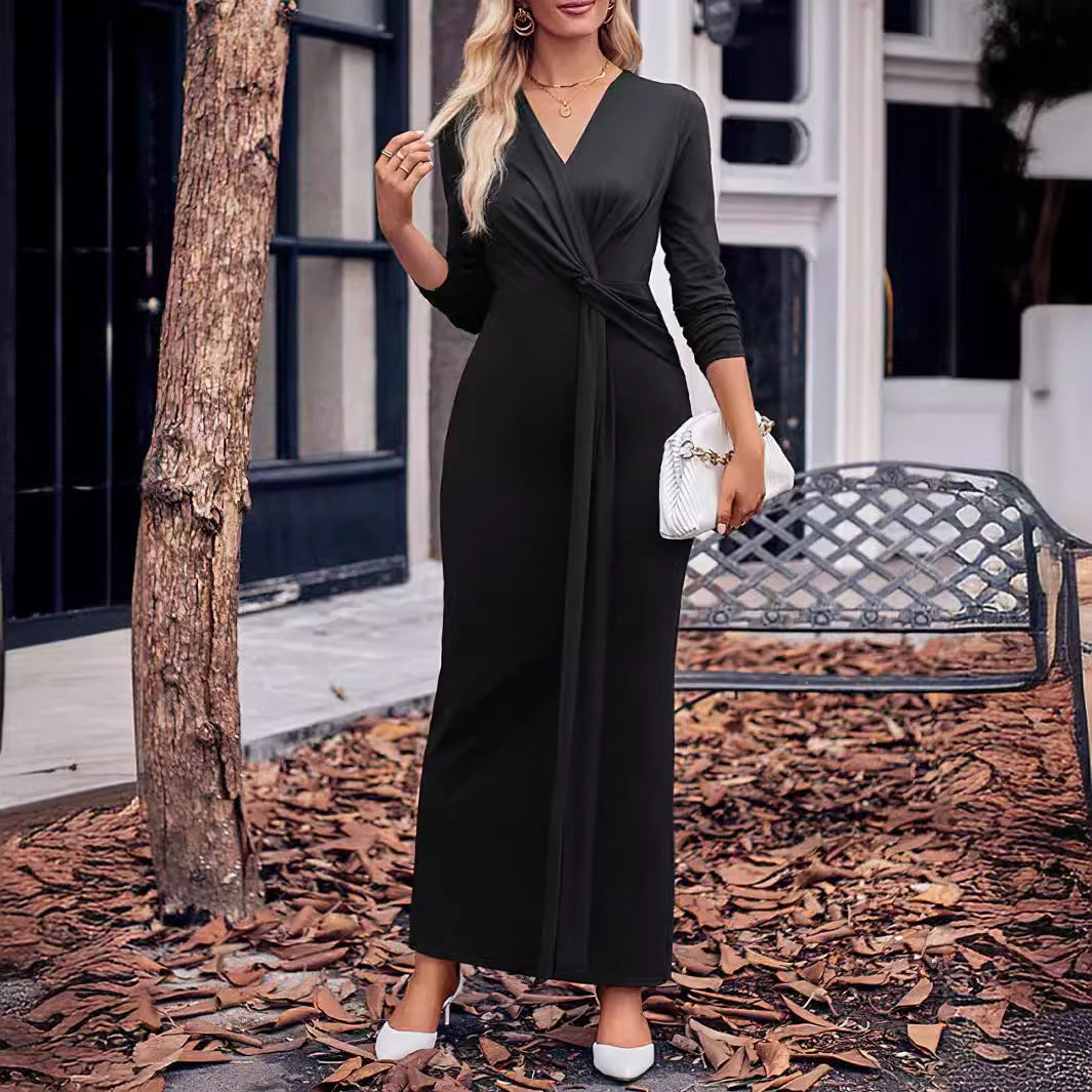 Dame maxikjole med vinkle-design og elegant V-hals Stilla