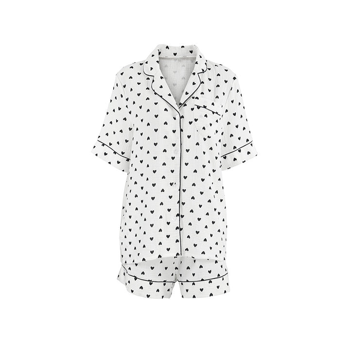 Dame kortærmet pyjamasæt med hjerteprint og elegant design Stilla