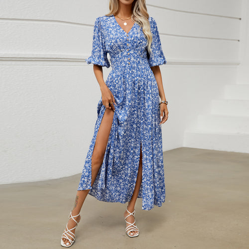 Femme Knap-top Blomster Maxi Kjole med Sideslids Stilla