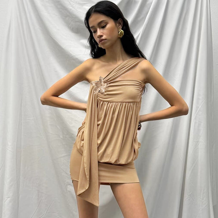 Dame One-Shoulder Draperet Mini-Kjole med udsmykkede detaljer Stilla