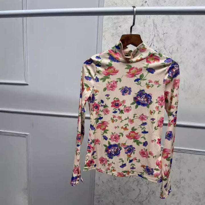 Dame Langærmet top med blomsterprint og høj krave Stilla