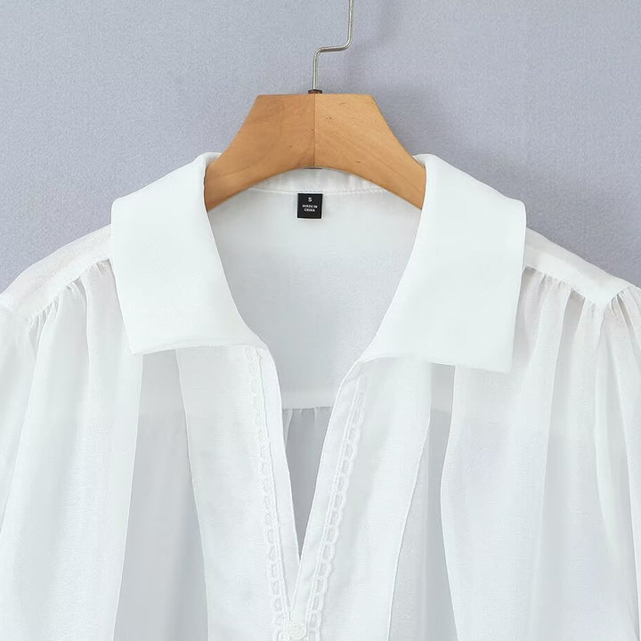 Dame elegant chiffonbluse med raffinerede puffærmer og ædel krave Skovae