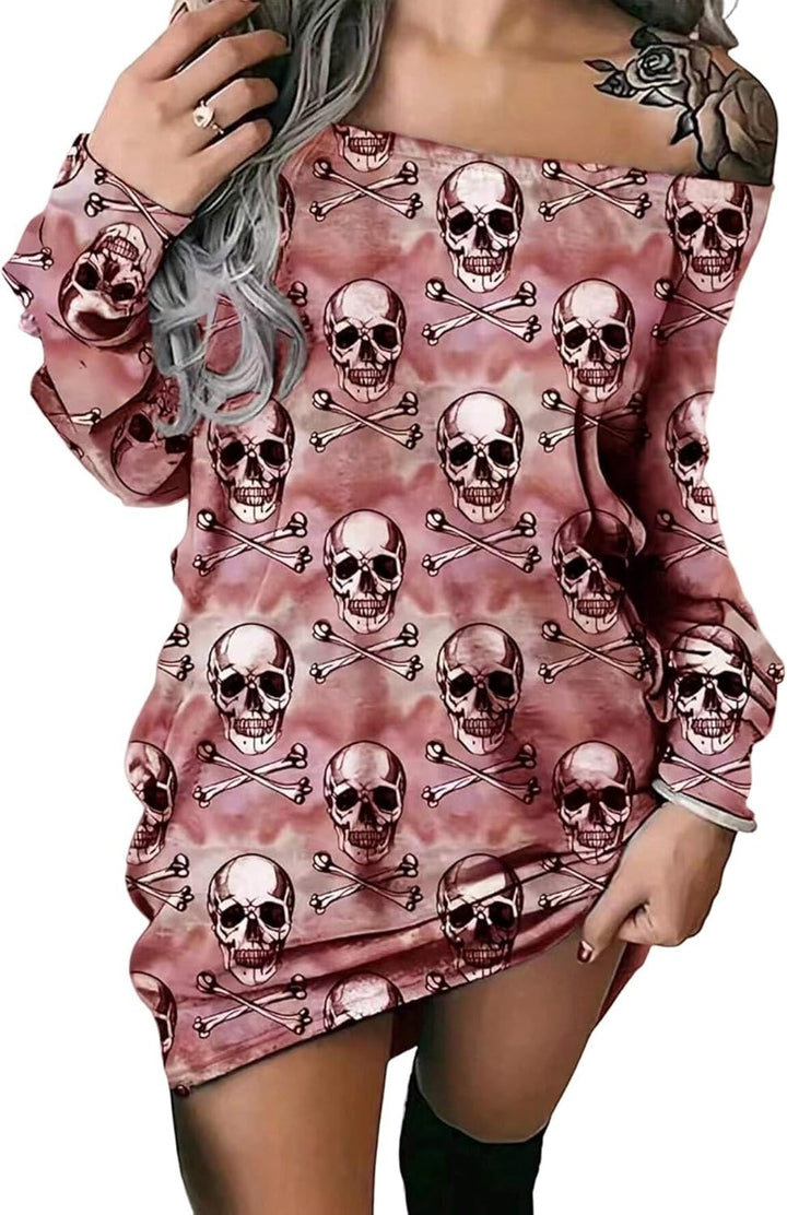 Dame Off-Shoulder Kjole med iøjnefaldende Dødningehoved-design og løs pasform Stilla