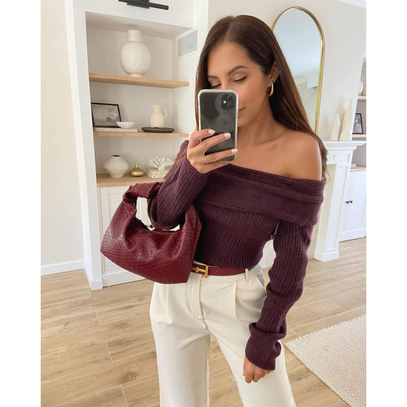 Dame Off-Shoulder Pullover med ribbet design Stilla