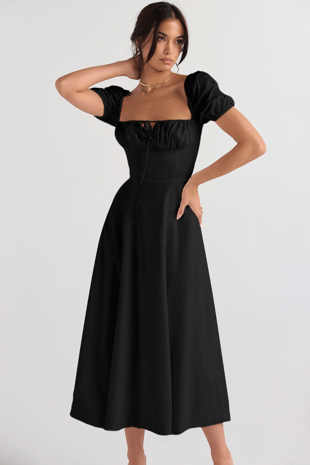 Kvinder Elegant Midi Kjole med Puffærmer og Fint Udsnit Stilla