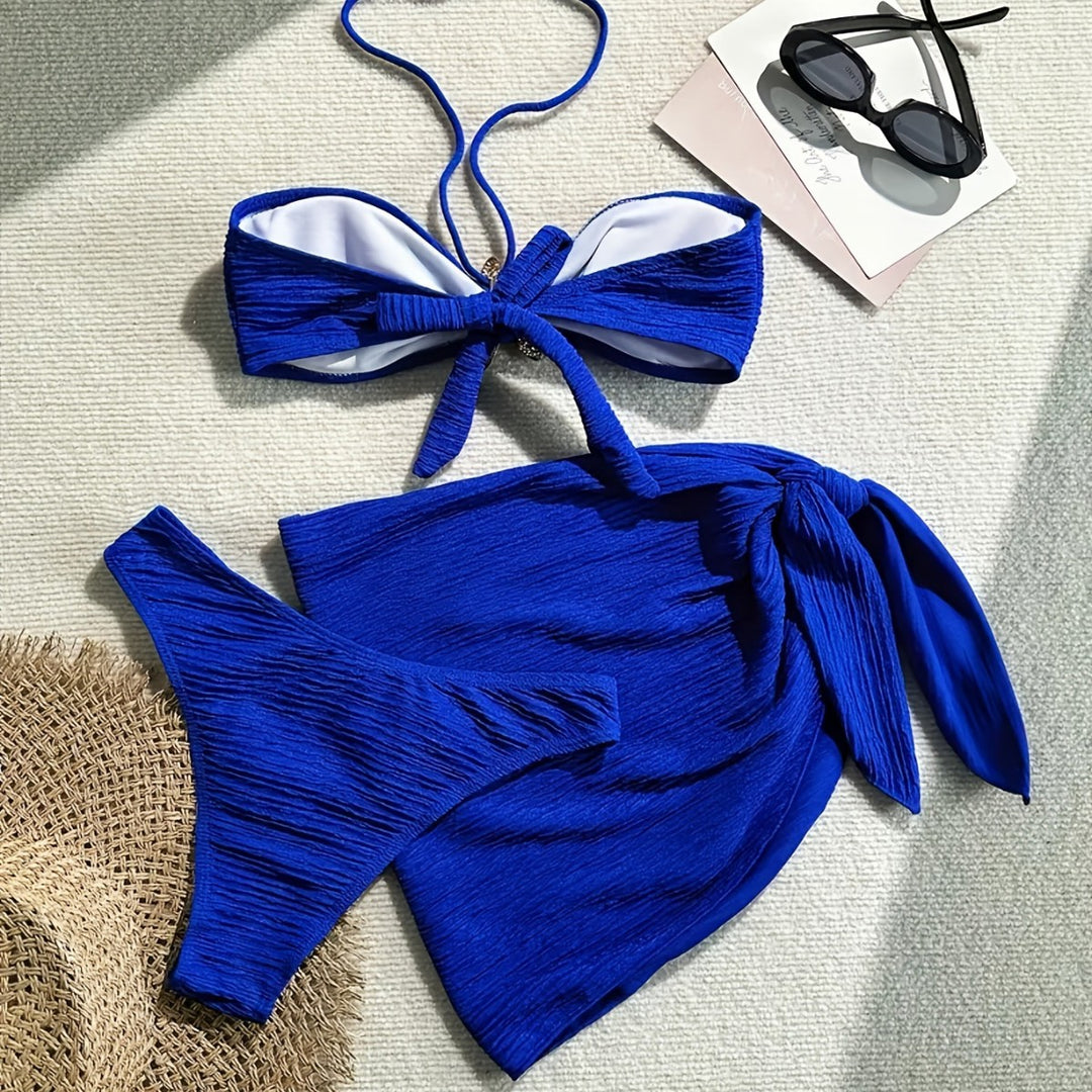 Dame bandeau-bikini-sæt med legesyg indpakningsskørt og glitrende søstjerne-detalje Skovae