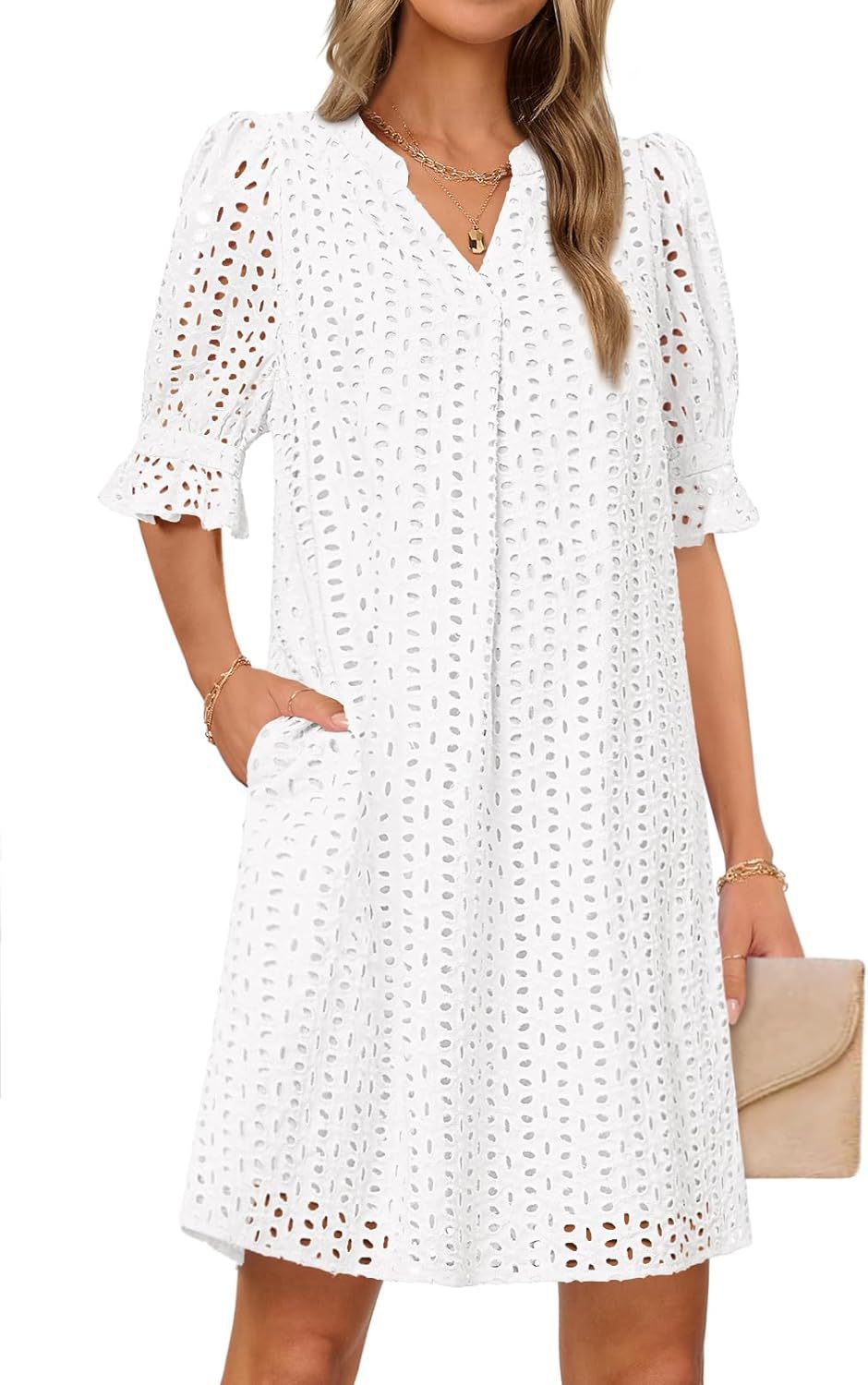 Kvinder Eyelet Midi Kjole med Puffærmer Stilla