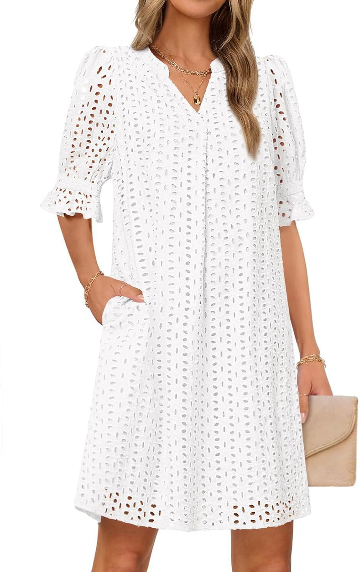 Kvinder Eyelet Midi Kjole med Puffærmer Stilla