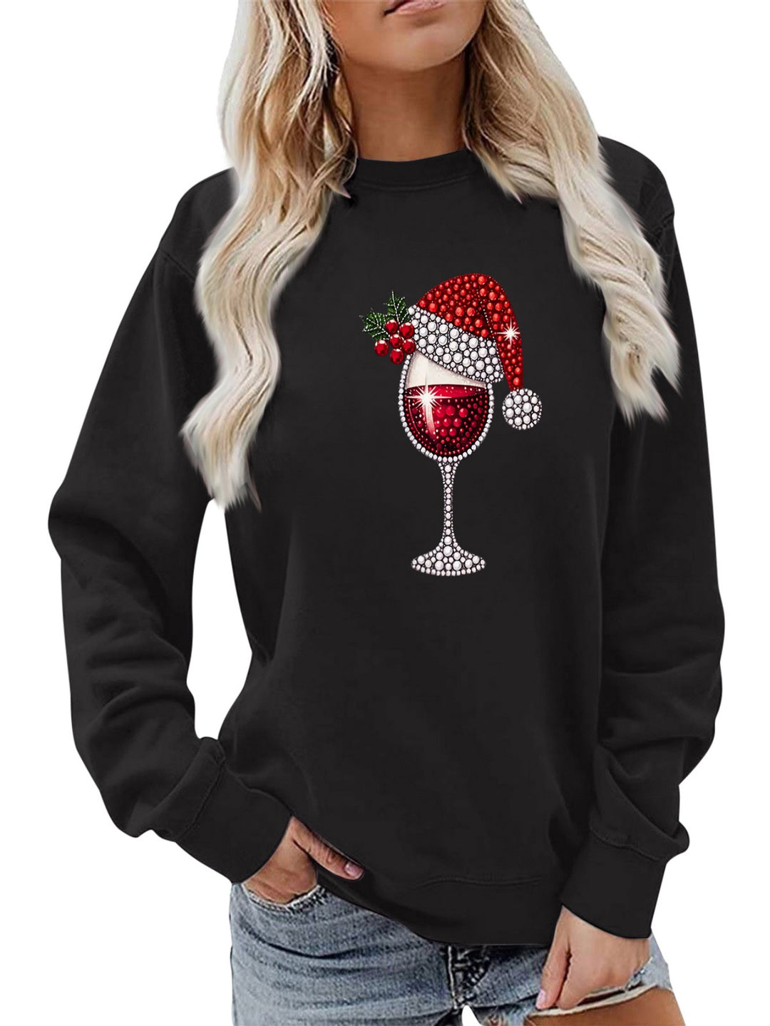 Kvinders sweatshirt med blødt foer og festligt vinmotiv Stilla