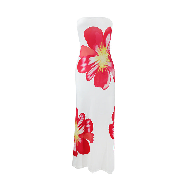 Dame off-shoulder maxi kjole med blomstertryk og flydende snit Skovae