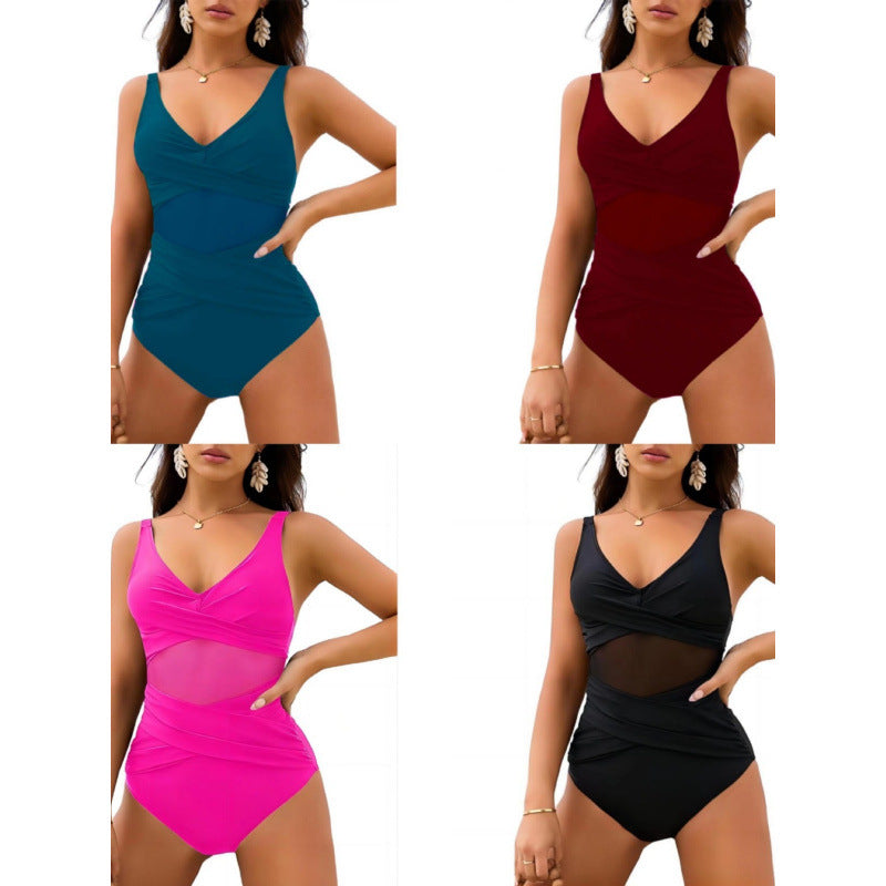 Dame one-piece badedragt med stilfuld indpakningsdesign og figurskabende indsatser Skovae