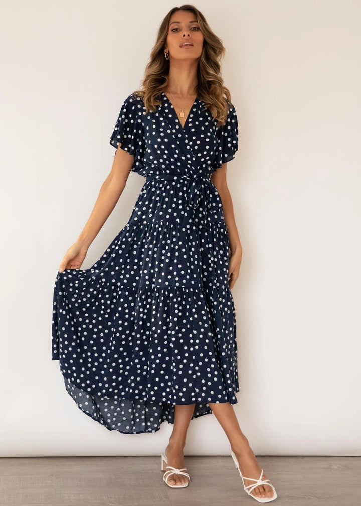 Dame Vintage Inspireret Polka Dot Maxi Kjole med Bindebånd Detalje Stilla